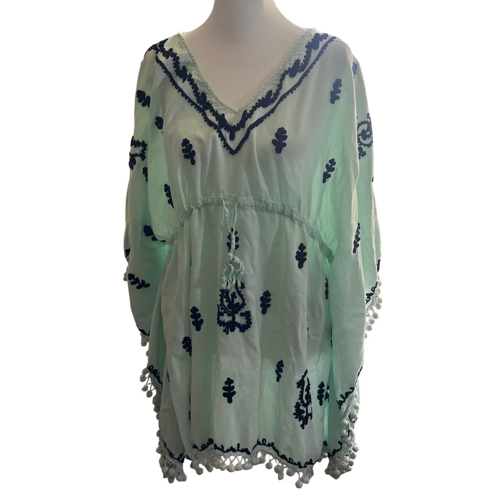 Surf‎ Gypsy Womens Embroidered Pom Pom Beach Cover Up L Mint Green Kaftan beach